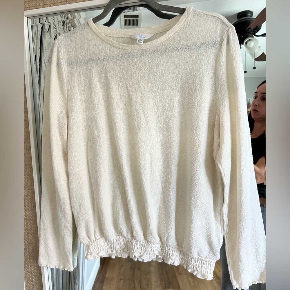 Cream Textured Long Sleeve Top with small ruffle detail trim